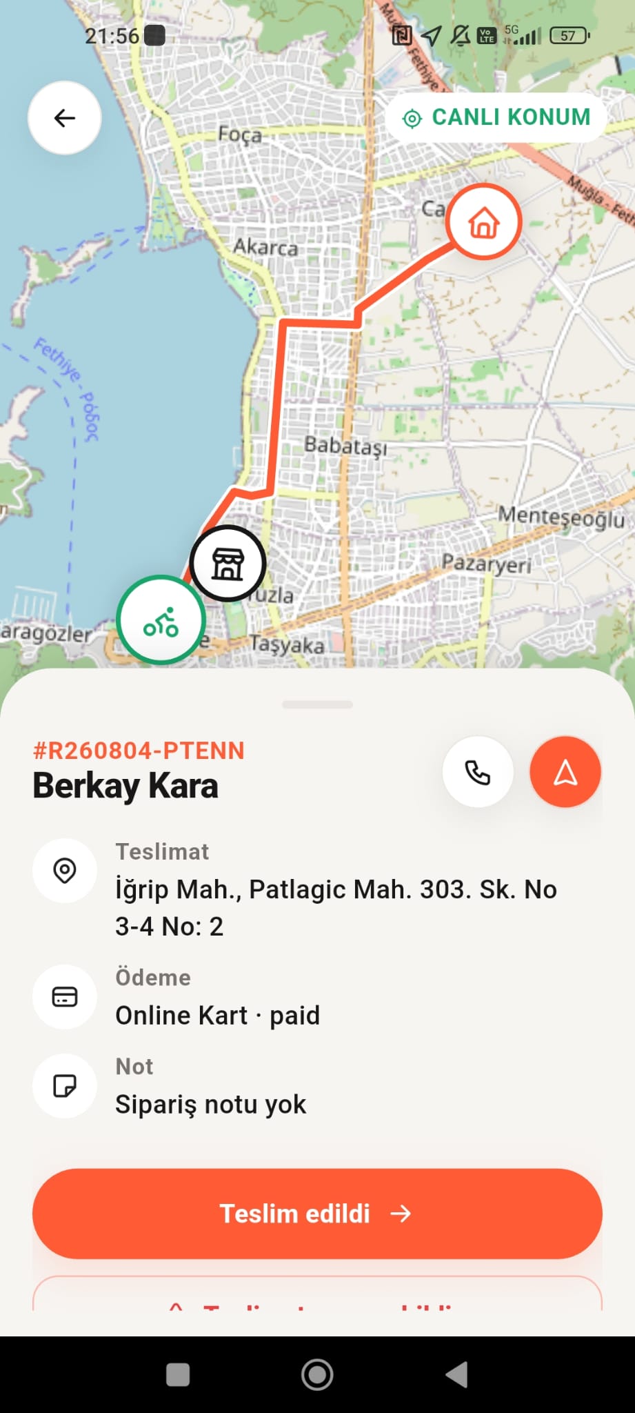 Paketmi kurye uygulaması canlı rota ekranı
