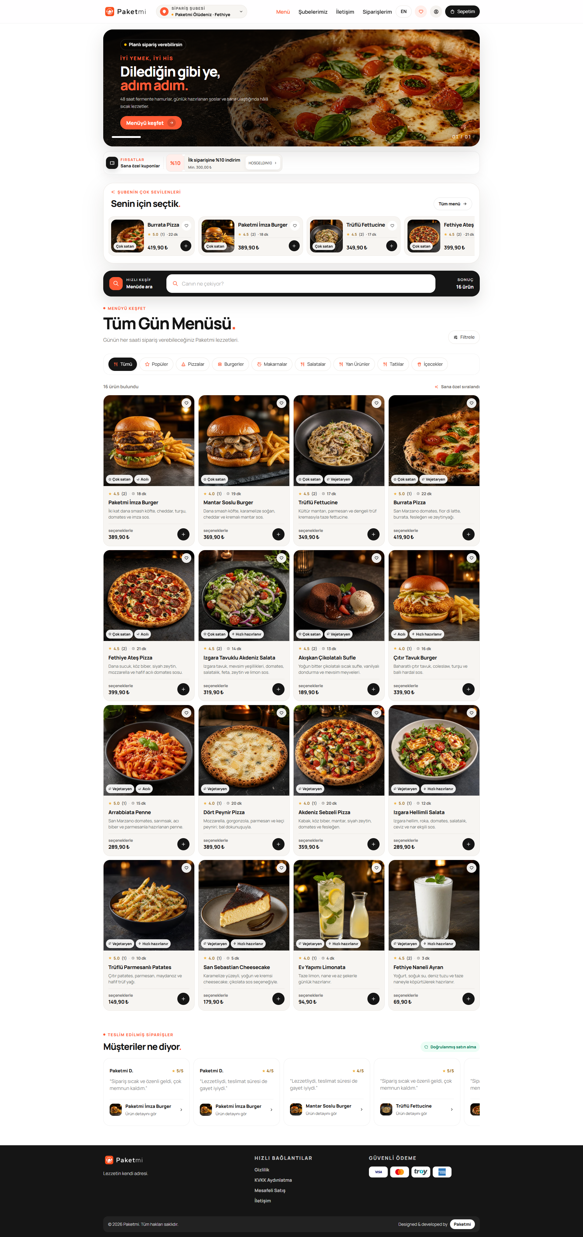 Paketmi web sipariş mağazası ve ürün menüsü